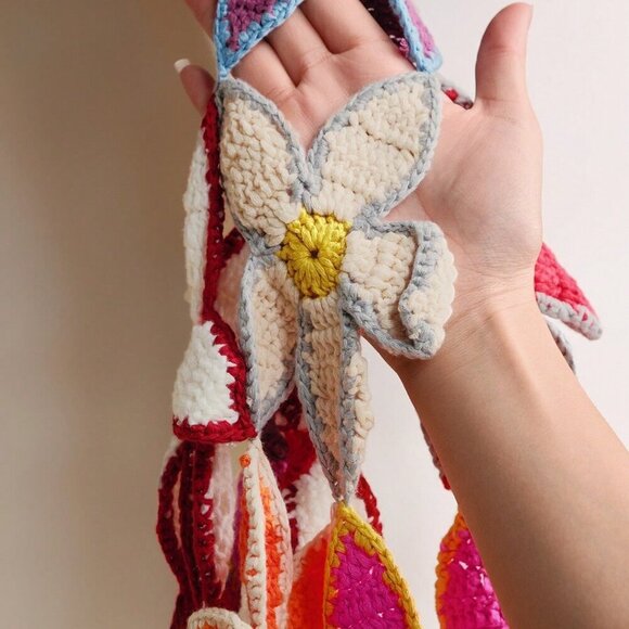 Red Elegant Women's Hand Crochet Lg Sleeve Stand Collar Minimalist Blouse - Picture 6 of 6